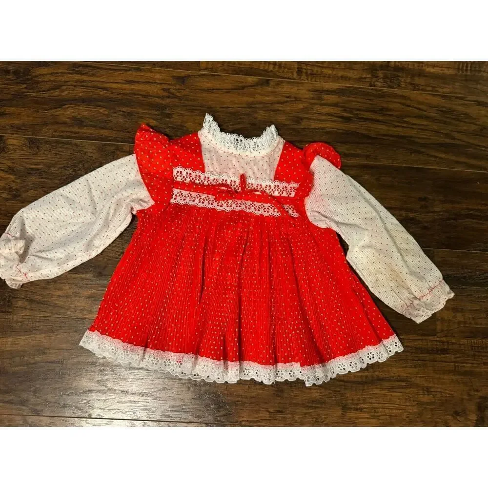 Vintage Sears Girls Dress Red White Long Sleeve Sz:4